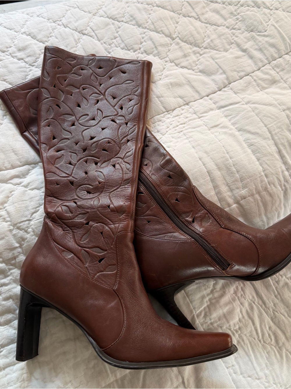 MIA Brown Leather Knee-High Heeled Boots with Cutout Detail